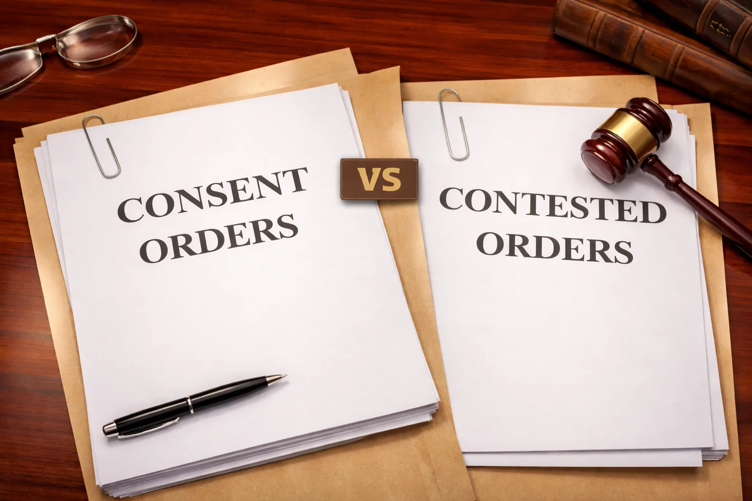 Consent vs contested orders documents with gavel and pen on desk