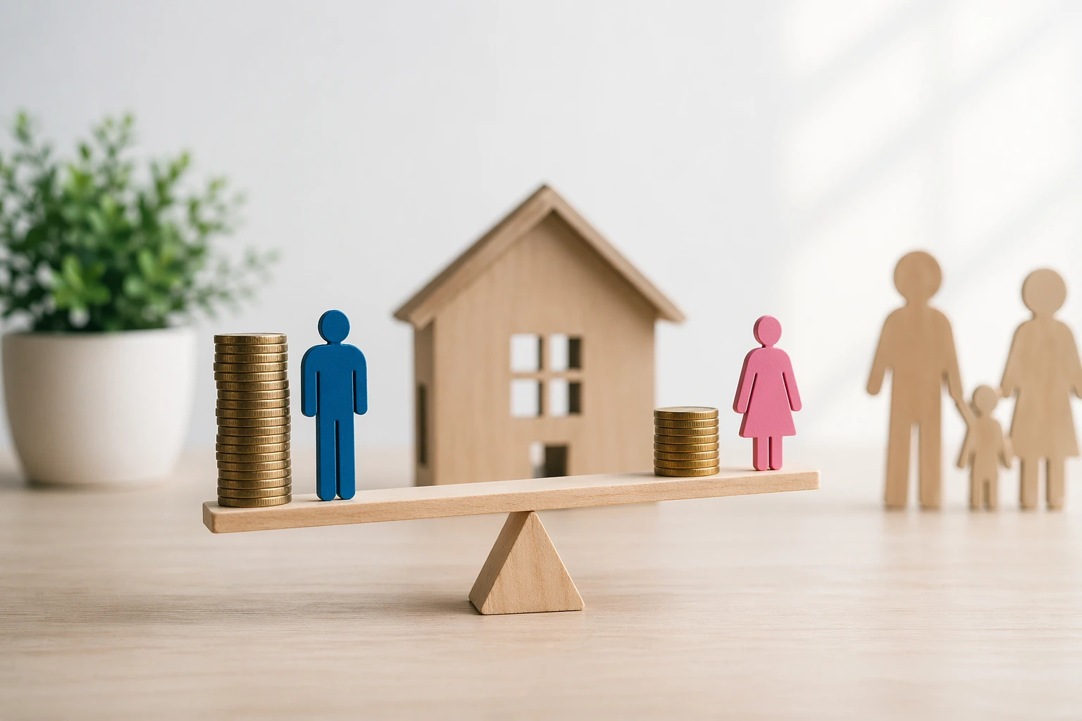 Uneven seesaw with coin stacks and figures showing superannuation imbalance in a relationship