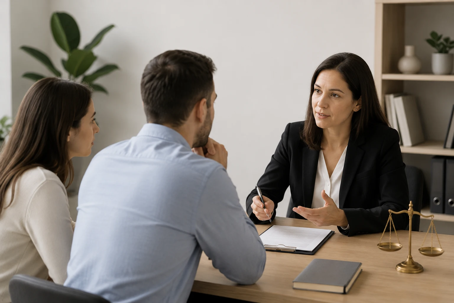 Couple discussing with family lawyer at office table during legal consultation and advice meeting