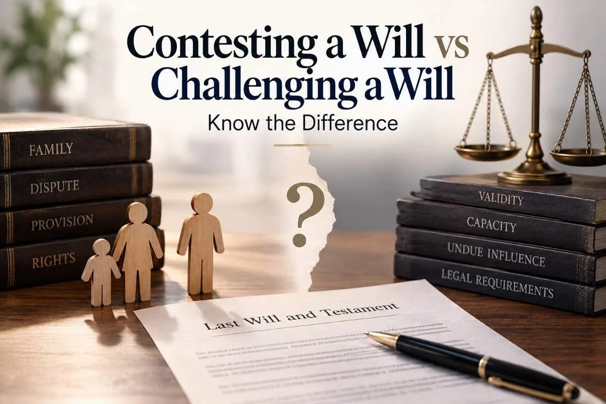 Contesting a will vs challenging a will with legal documents and scales